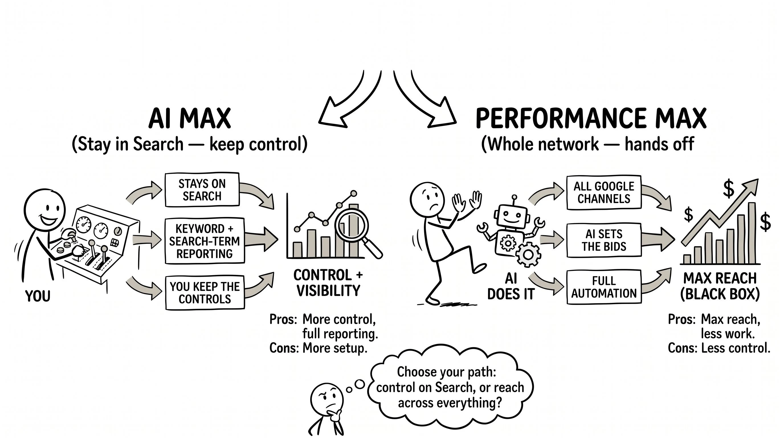 AI Max vs Performance Max: Google Ads setup comparison for 2026, control on Search versus whole-network automation