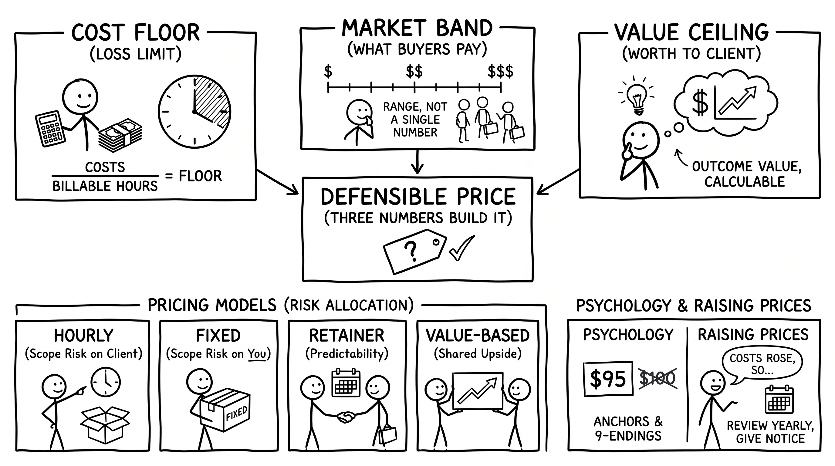 How to price your services in 2026 — cost floor, market band, value ceiling