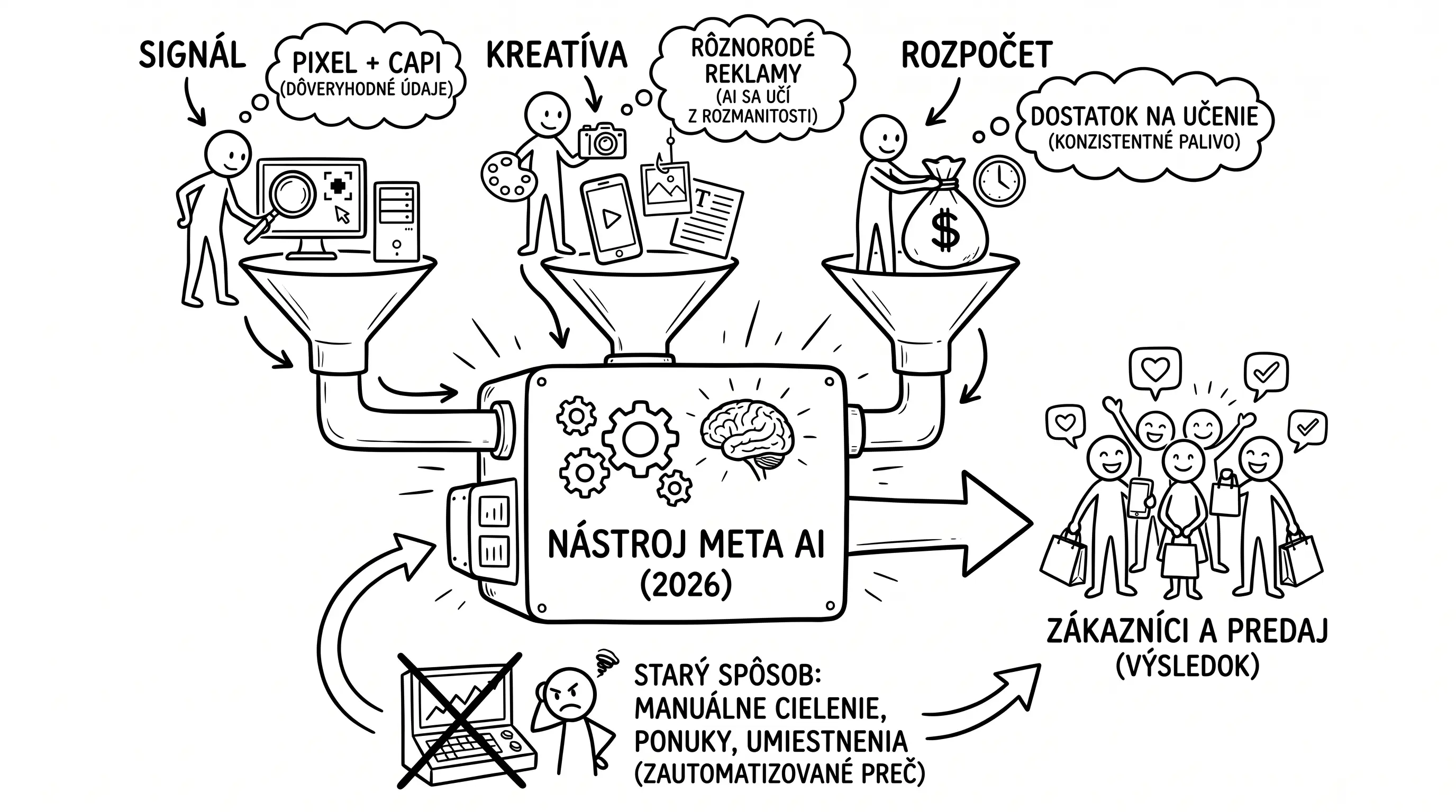 Meta Ads v roku 2026: tri vstupy, ktoré ovládate vy, a AI stroj, ktorý riadi zvyšok