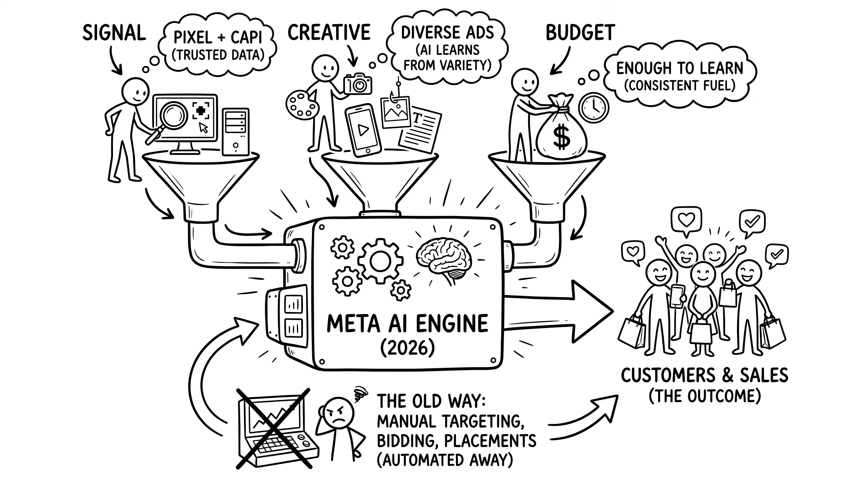 How to run Meta ads in 2026: the three inputs you control and the AI machine that runs the rest