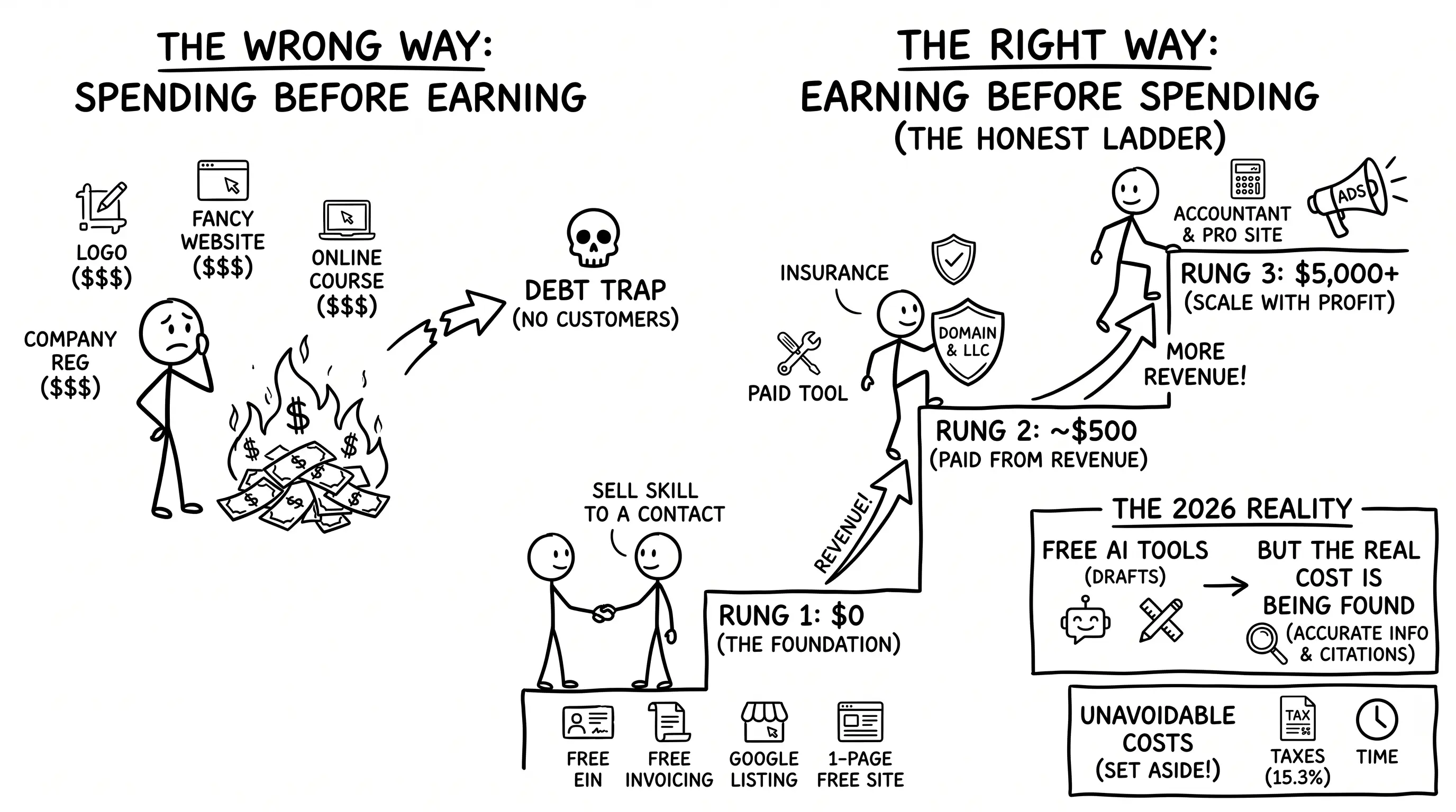How to start a business with no money — the cost ladder, the free tools and the order that saves money
