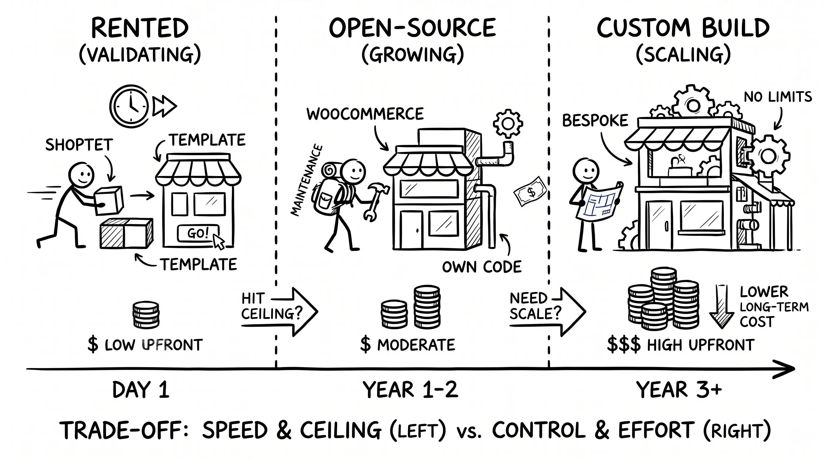 Rented versus custom e-shop: a 2026 platform decision framework