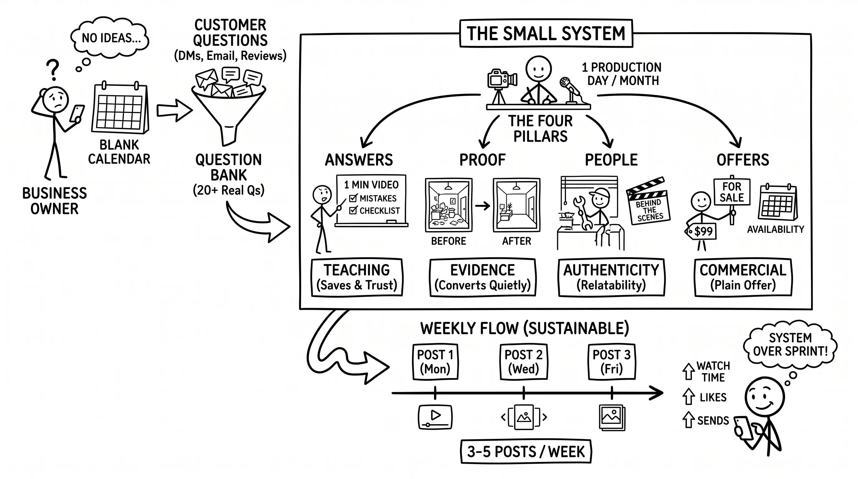 What to post on social media — a content system sketched on a whiteboard