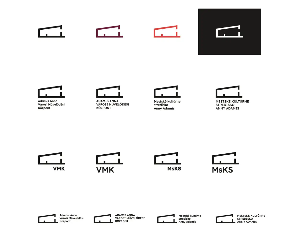 The logo system: the building mark in black, burgundy, red, and white, with Hungarian and Slovak lockups and the VMK and MsKS acronym versions