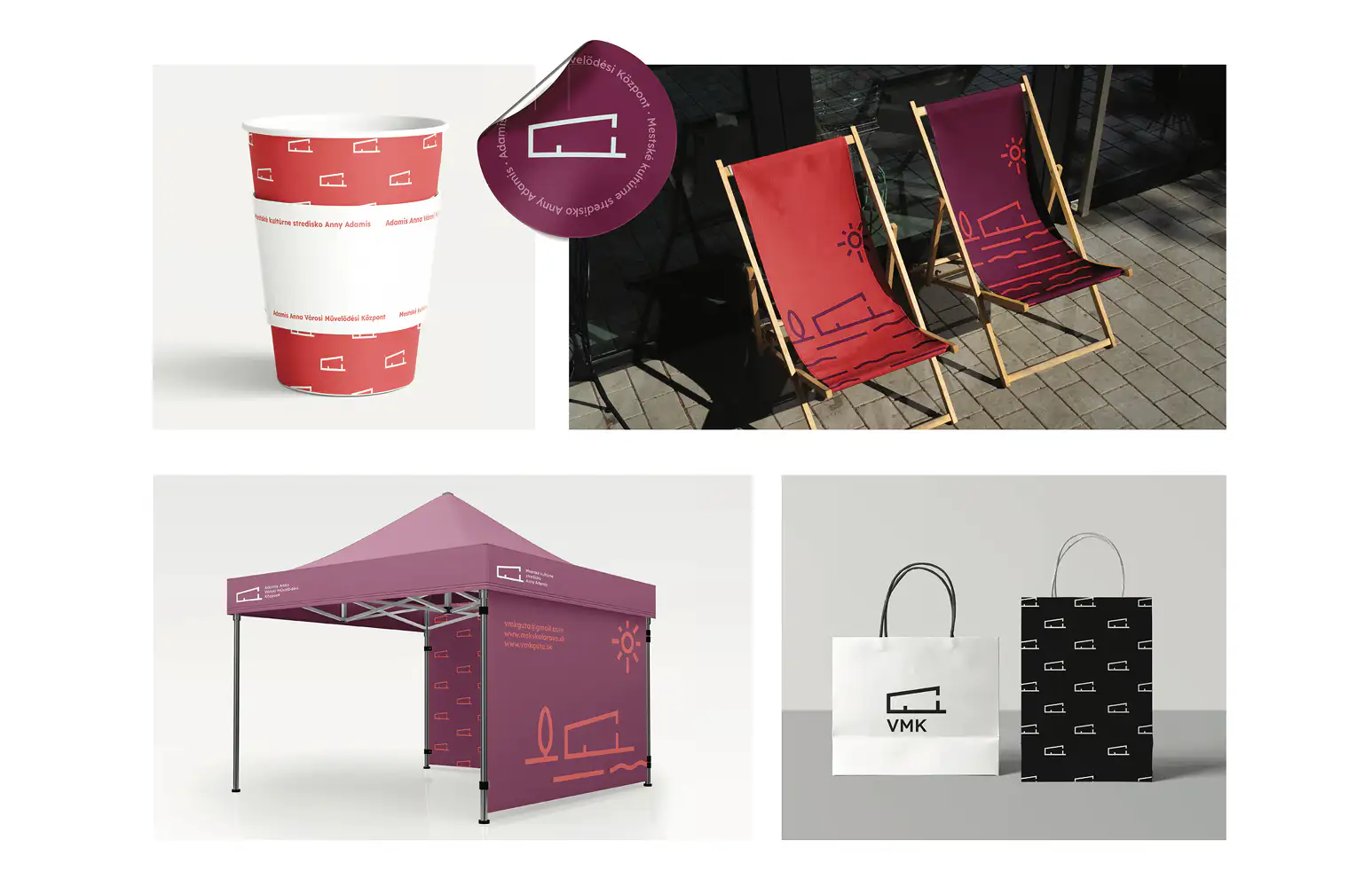 Branded objects: patterned paper cup, sticker, deck chairs with the illustrated mark, market tent, and paper bags