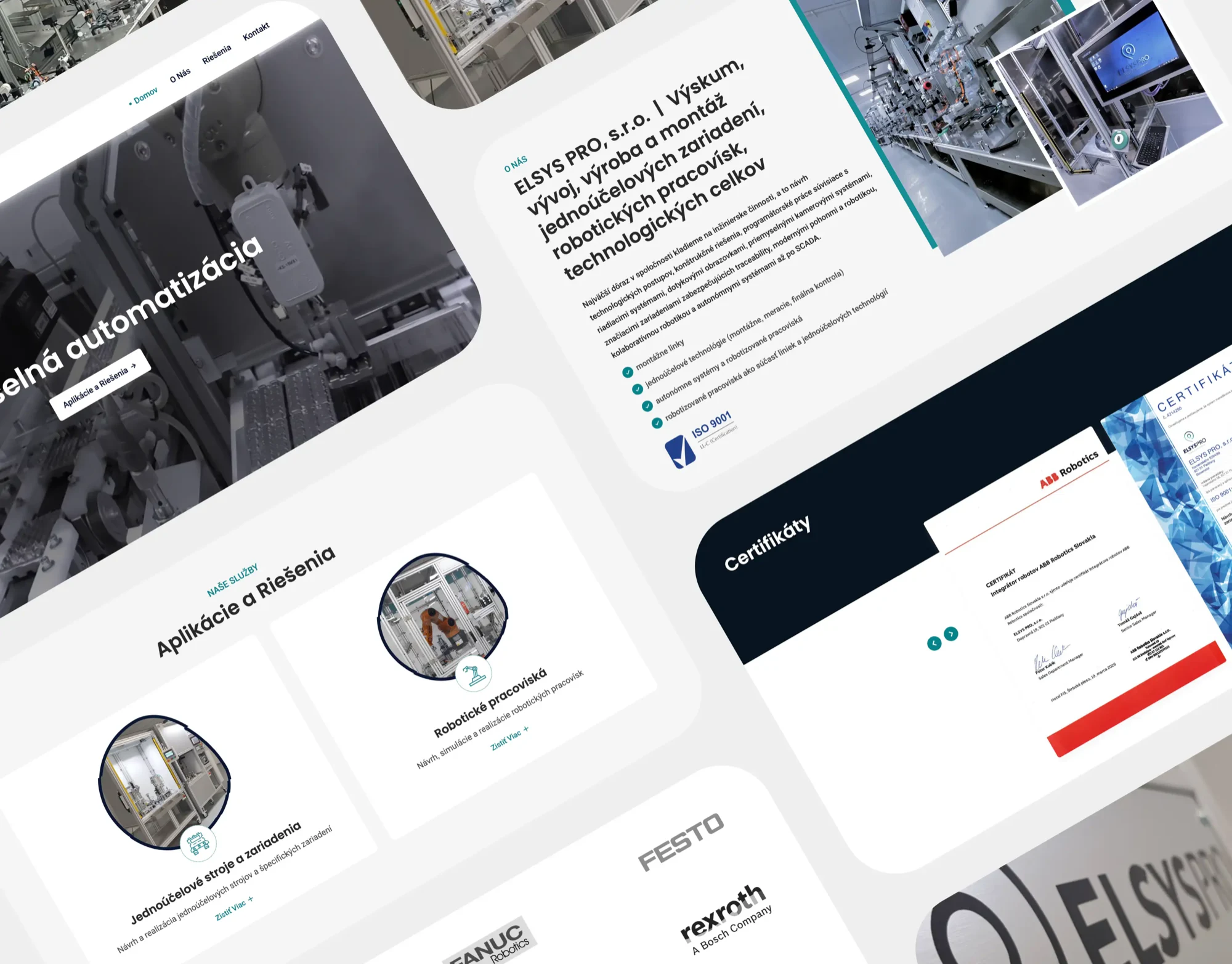 ElsysPro.sk pages: the homepage, the about section with ISO 9001, the solutions overview and the ABB Robotics certificate