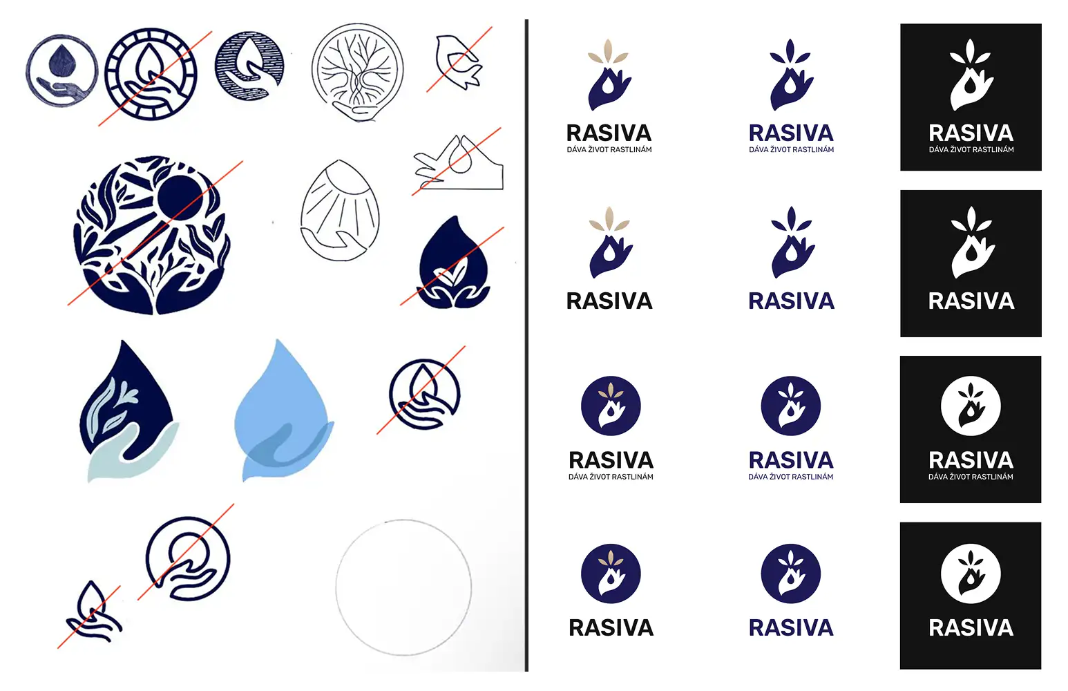 Logo development: hand-drawn sketches on the left, the final RASIVA logo system in navy, beige, and black on the right