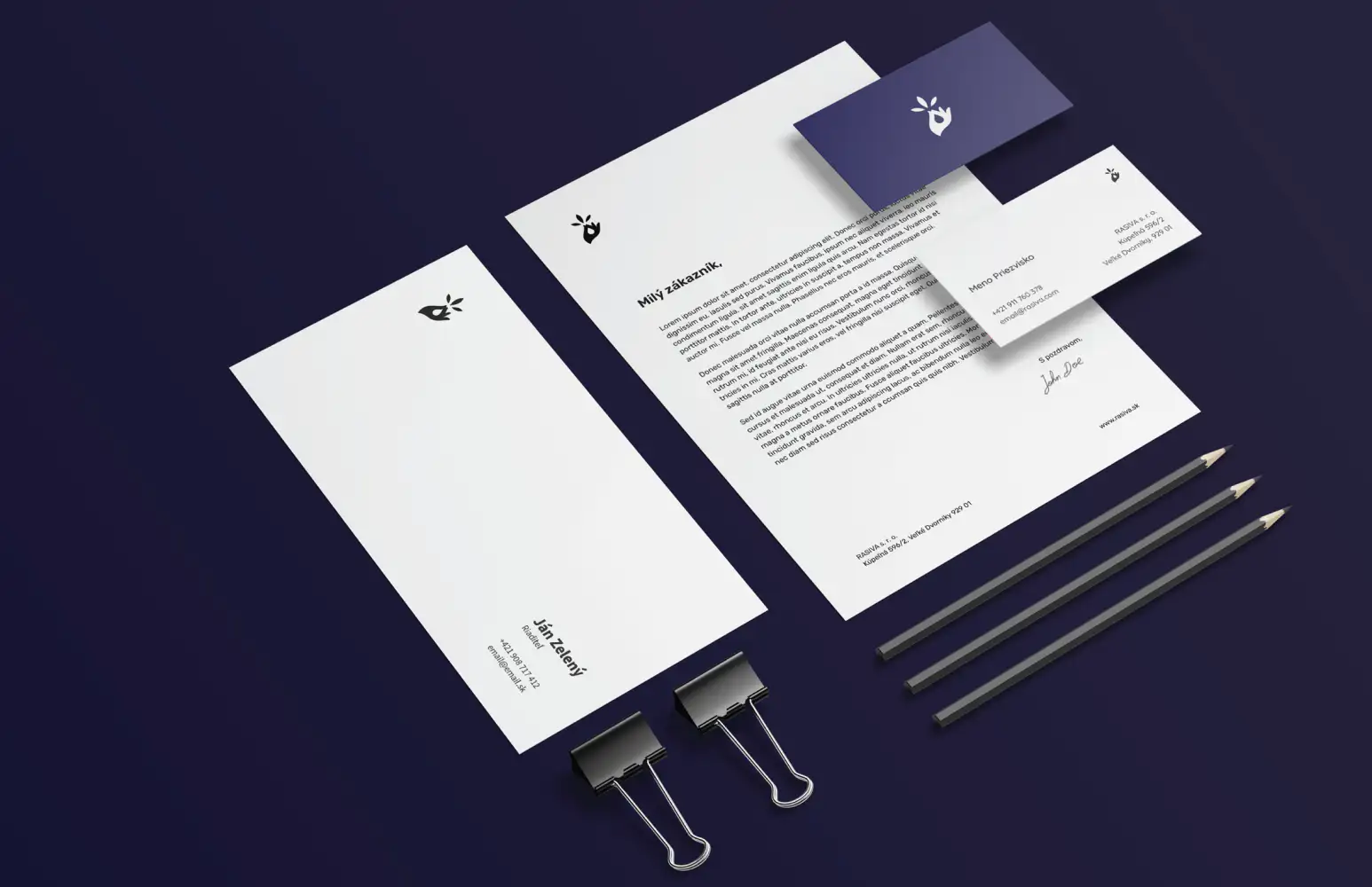 RASIVA stationery: letterhead, business cards, and envelope